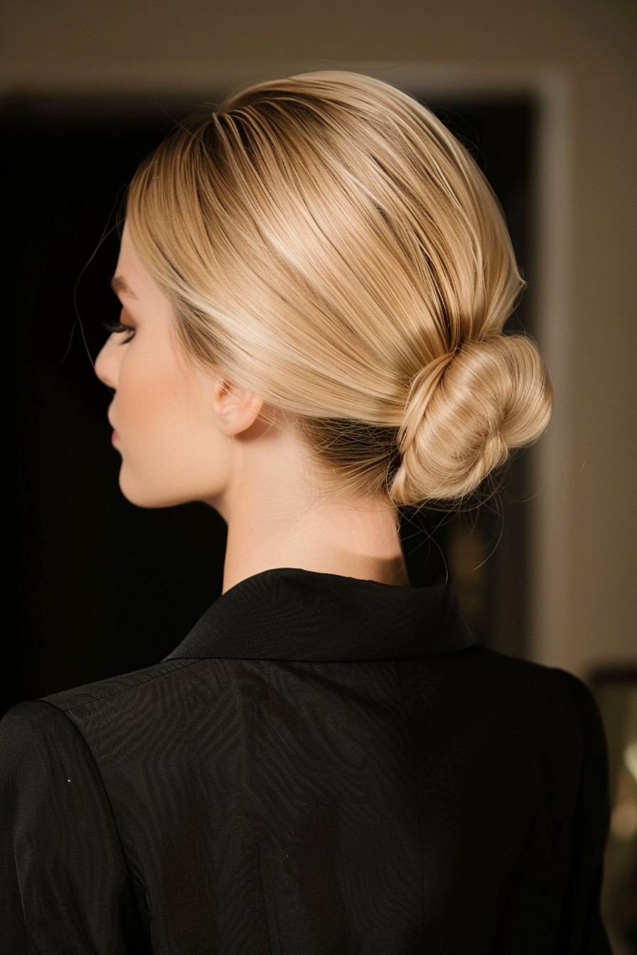 Sleek California Blonde Hair Tied in a Low Bun