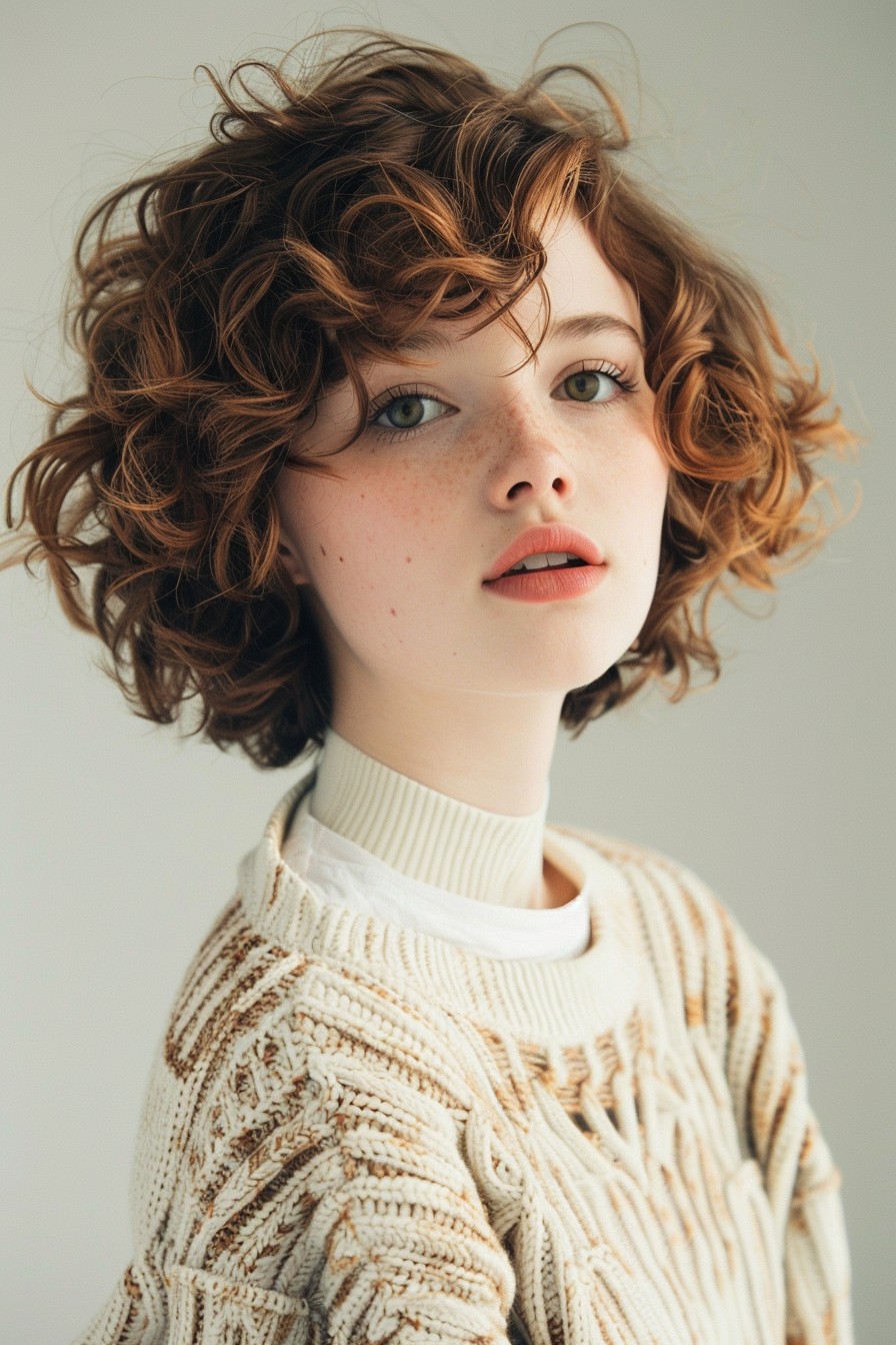 Ear-Length, Curly Bob with Honey Blonde Highlights