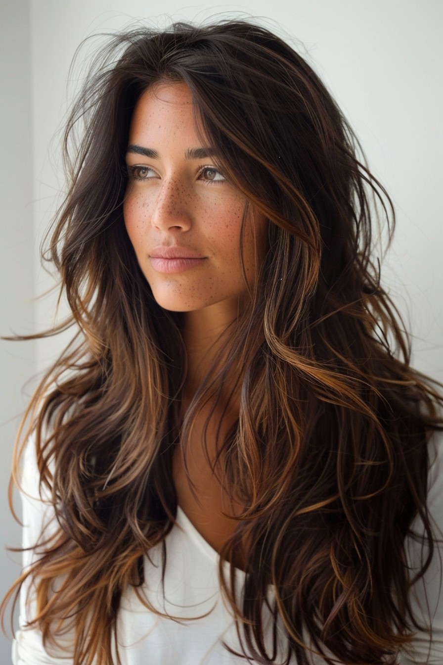 Sunkissed Brunette with Soft Layers and Golden Strands