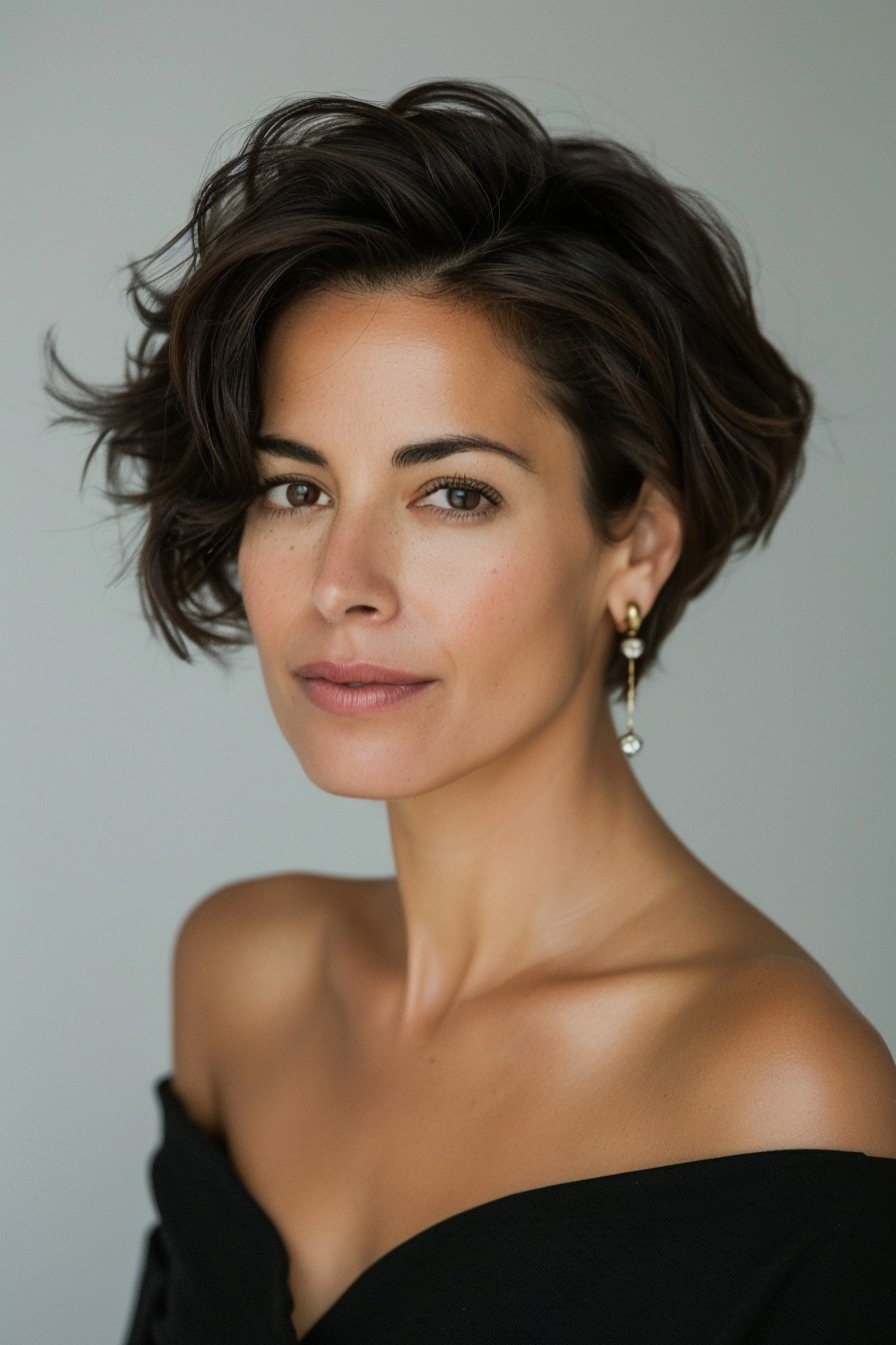 Elegant Short Hairstyle with Side-Swept Waves for Women Over 40