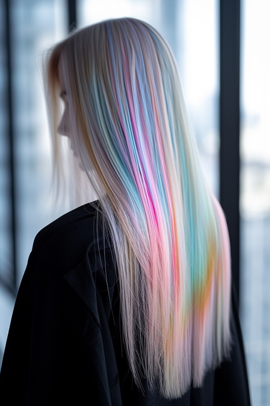 Pastel Rainbow Highlights on Long Straight Hair