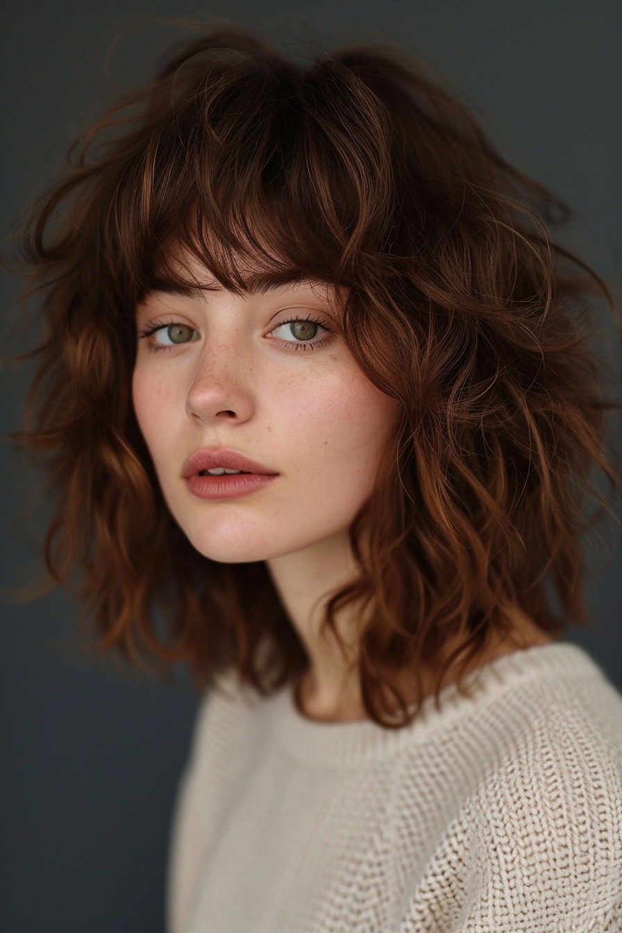 Warm Chestnut Brown Shaggy Lob with Bangs