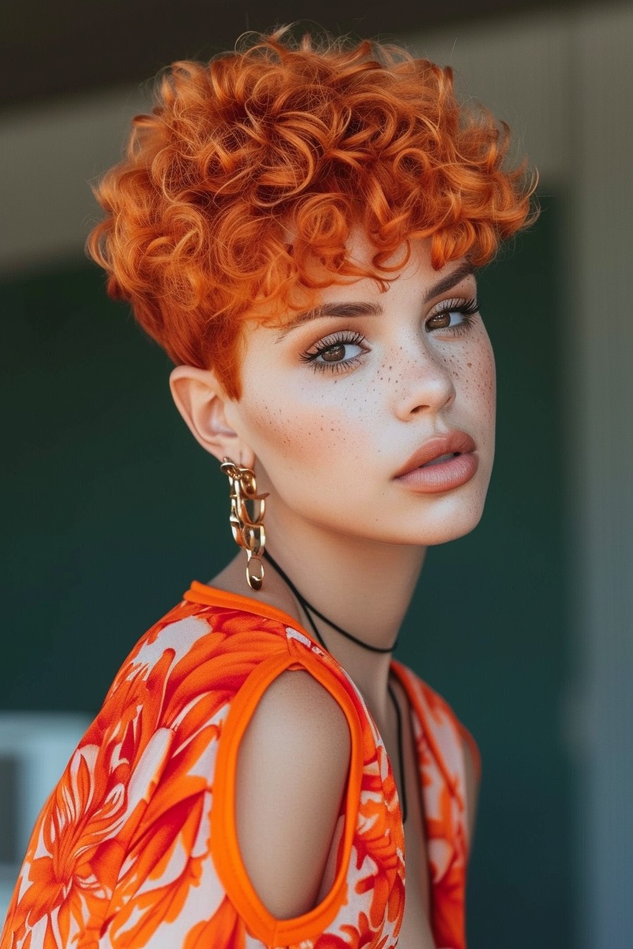 Striking Coral Orange in Short Curly Cut