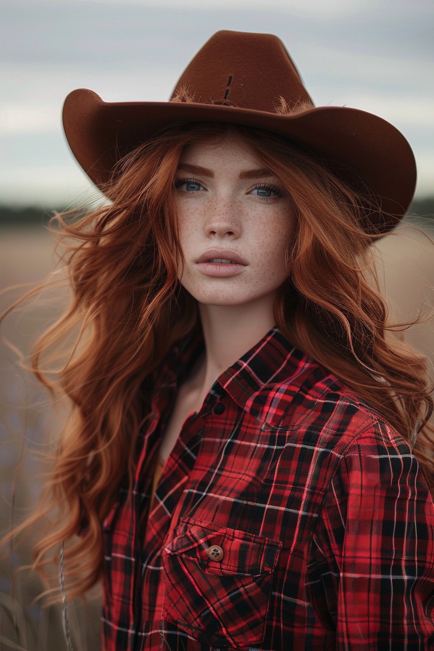 Auburn Hair in Loose Waves Under a Cowboy Hat