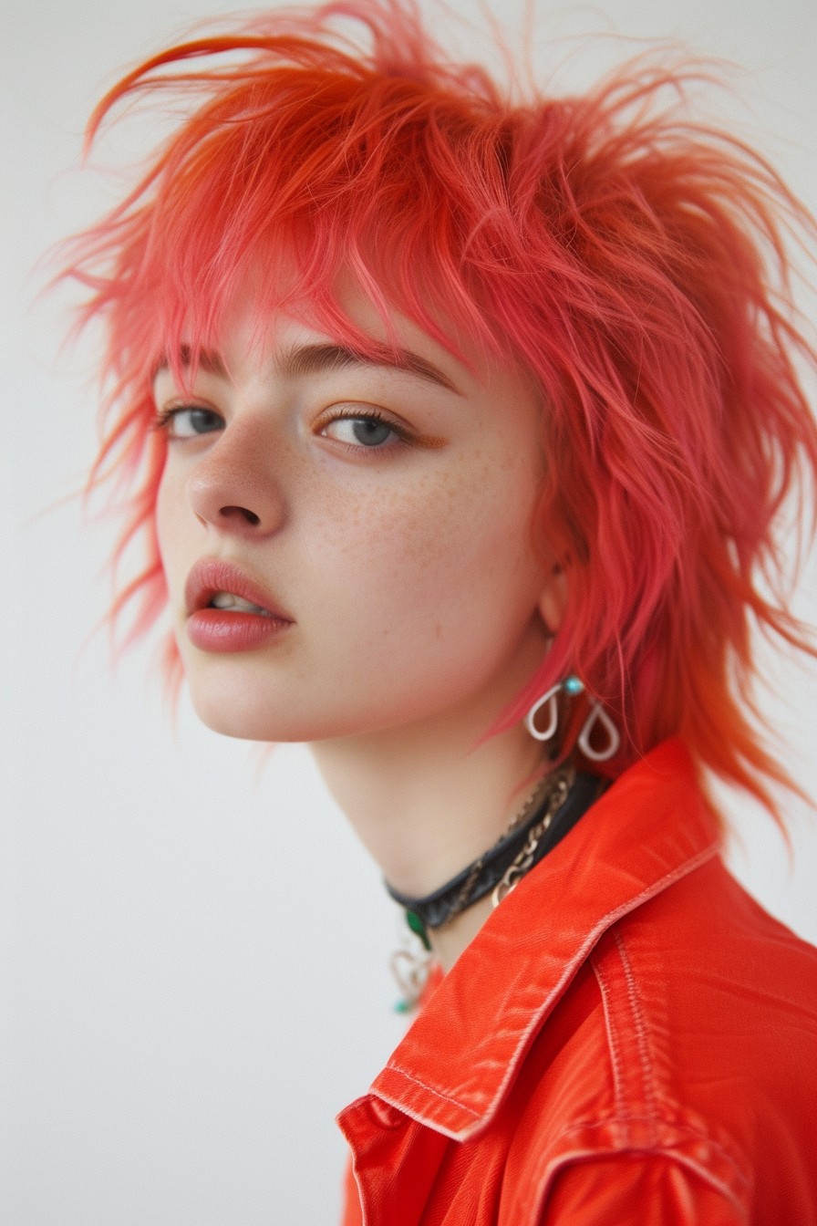 Shaggy Mullet Short in Vibrant Coral Pink Color