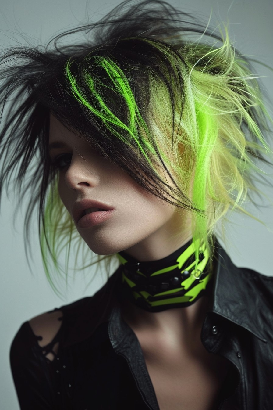 Long Shaggy Mullet Hairstyle with Neon Green Accents