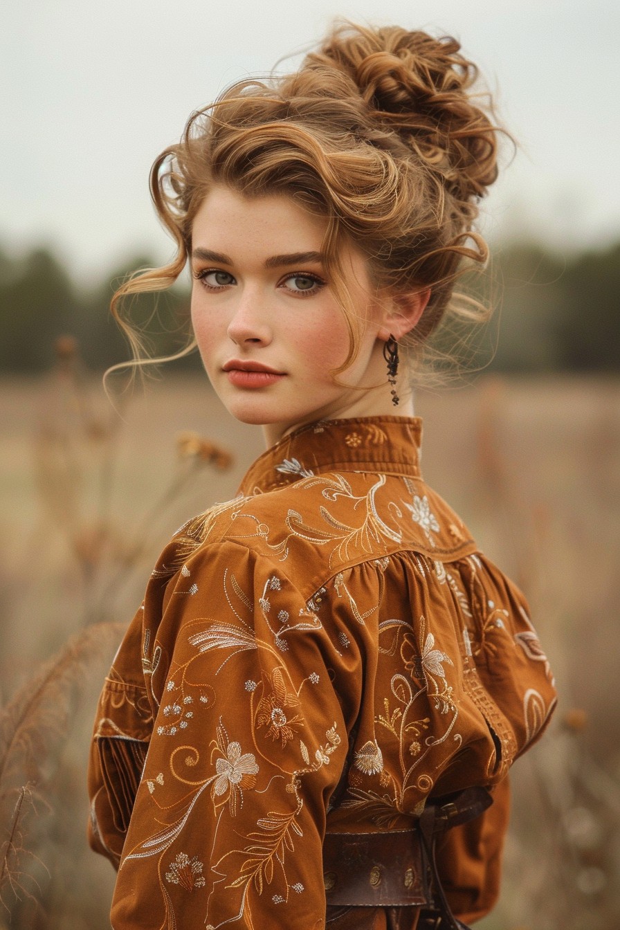 Romantic Updo with Floral Accents in Honey Brown