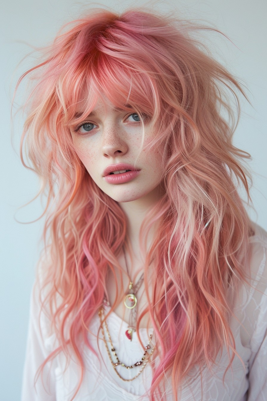 Long Shaggy Mullet Hairstyle with Soft Pastel Pink Tones