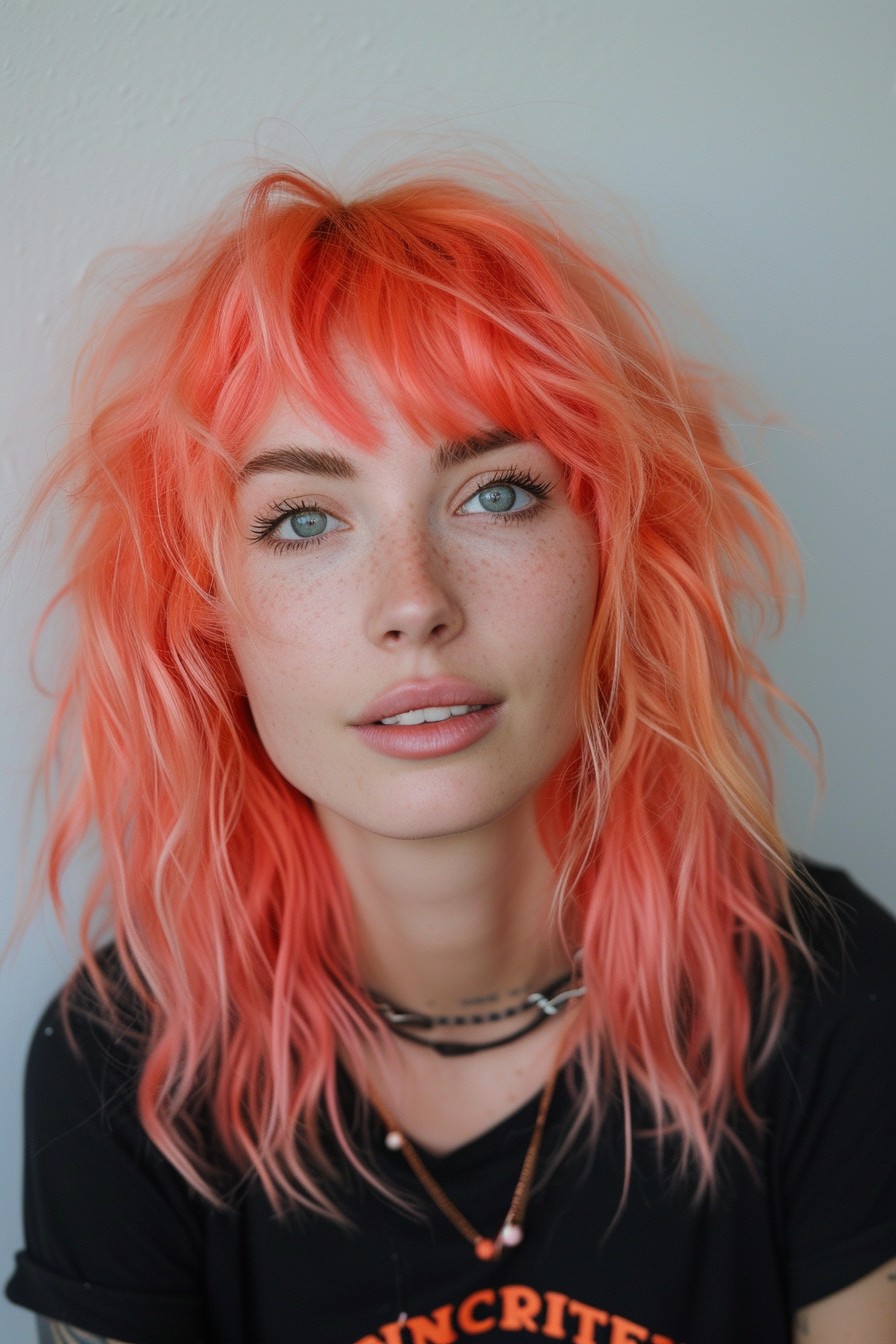 Medium-Length Shaggy Mullet Cut in Vibrant Coral Pink