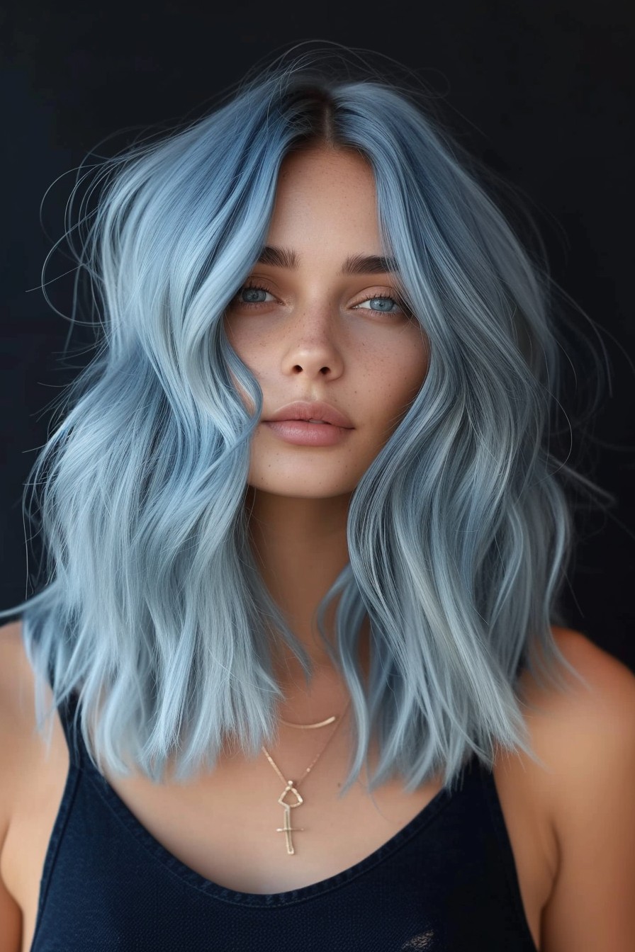 Cool Denim Blue Balayage on Shoulder-Length Hair