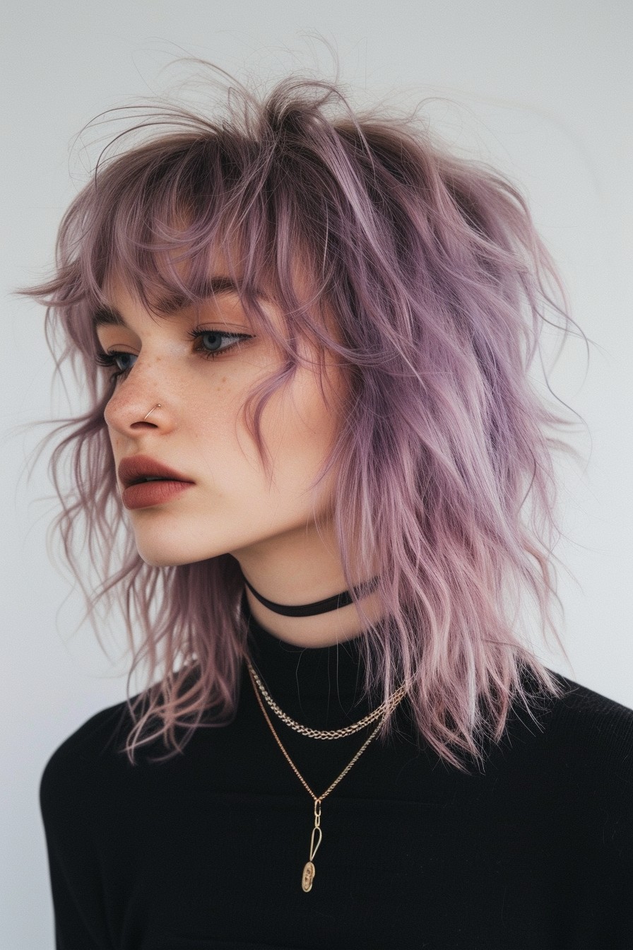 Mid-Length Shaggy Mullet with Chic Lavender Lowlights