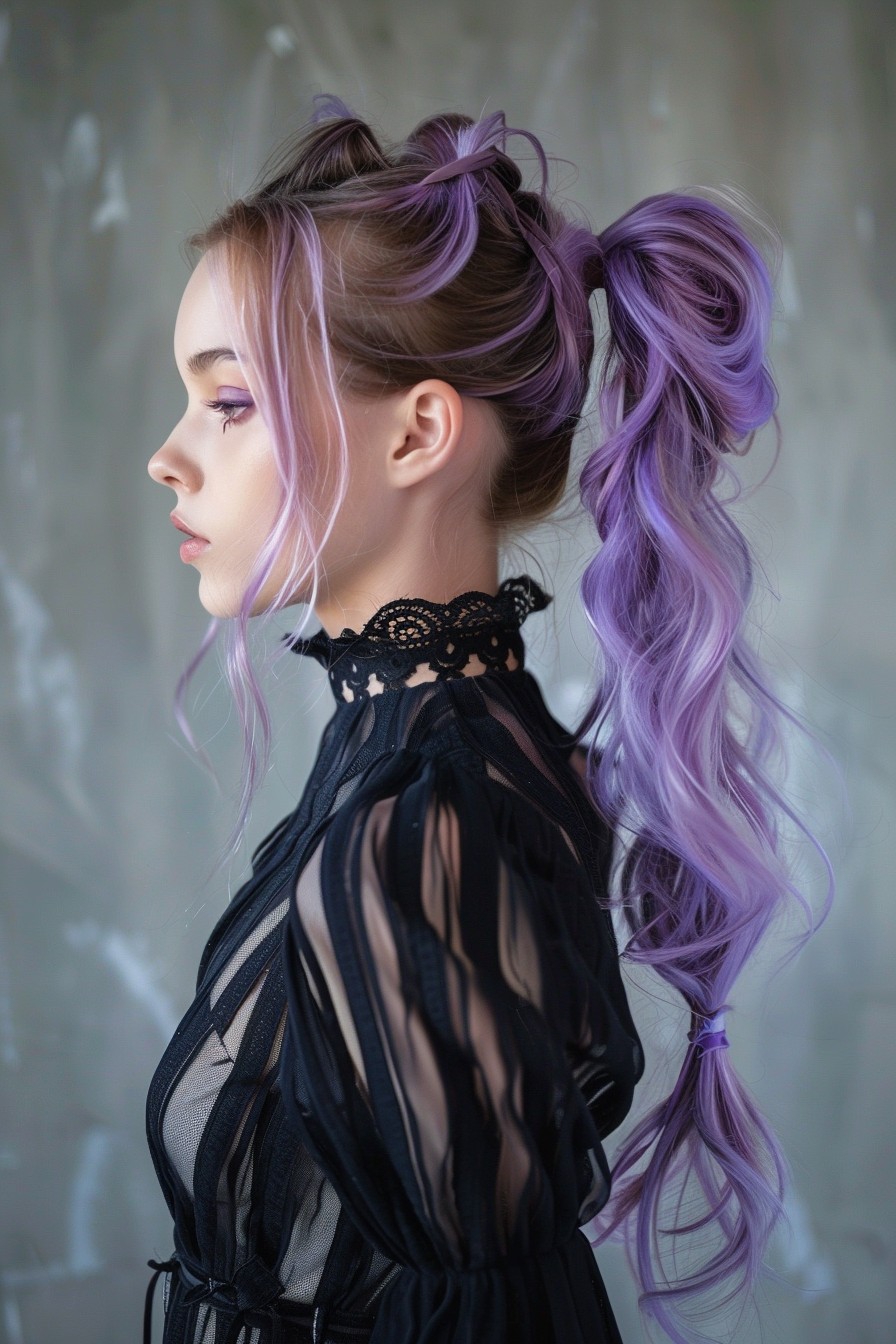 High Ponytail with Lavender Streaks