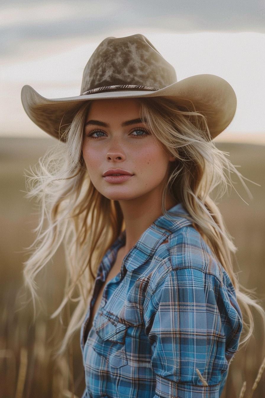 Tousled Updo Beneath a Cowboy Hat in Ash Blonde