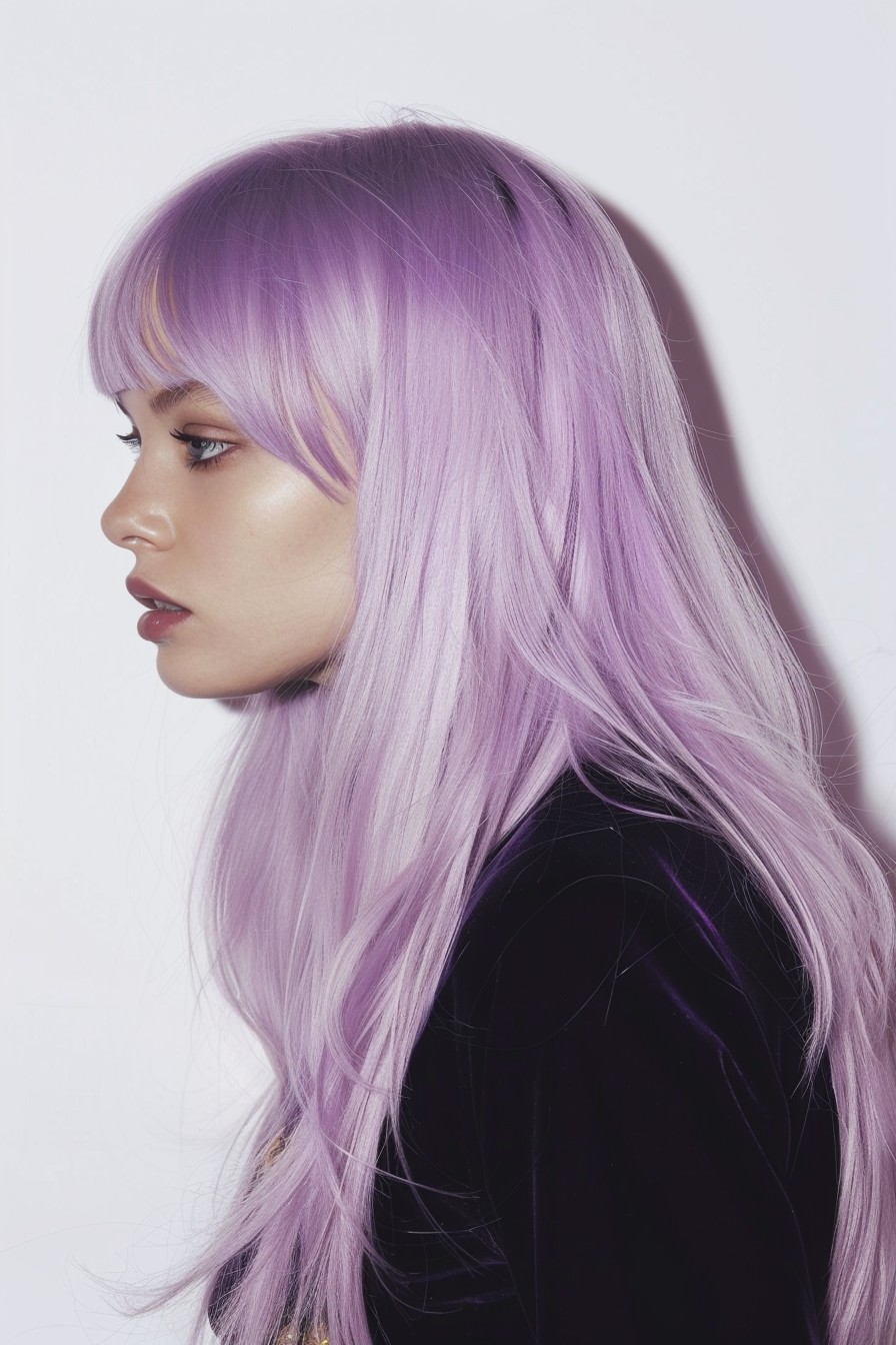 Sleek Lavender Hair with Blunt Bangs