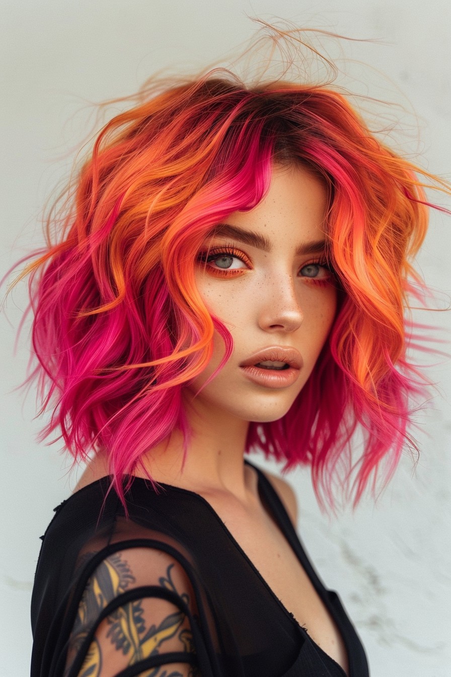 Bold Wavy Bob with Vibrant Hair Color Accents