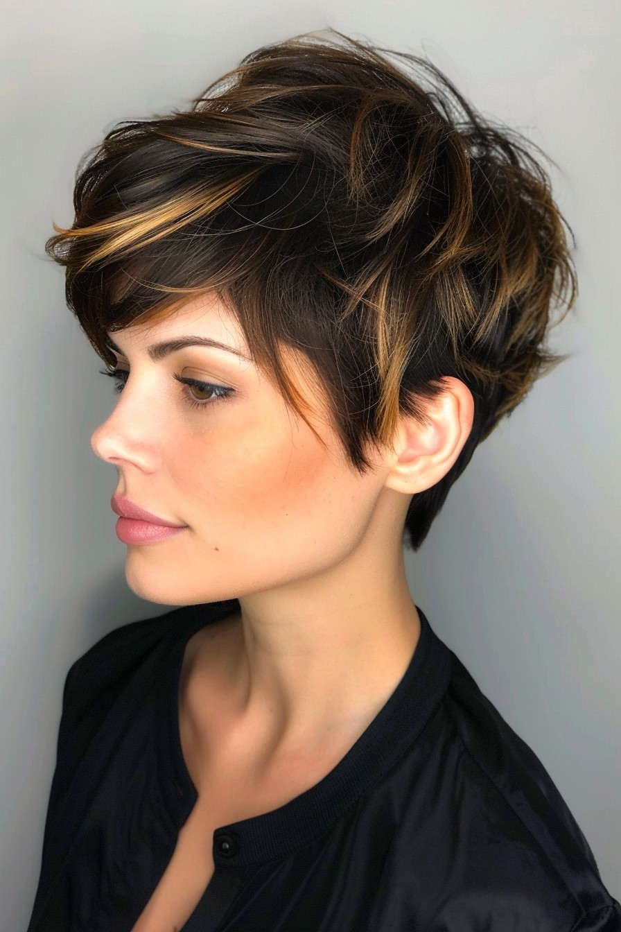 Sunkissed Brunette Pixie Cut with Golden Streaks