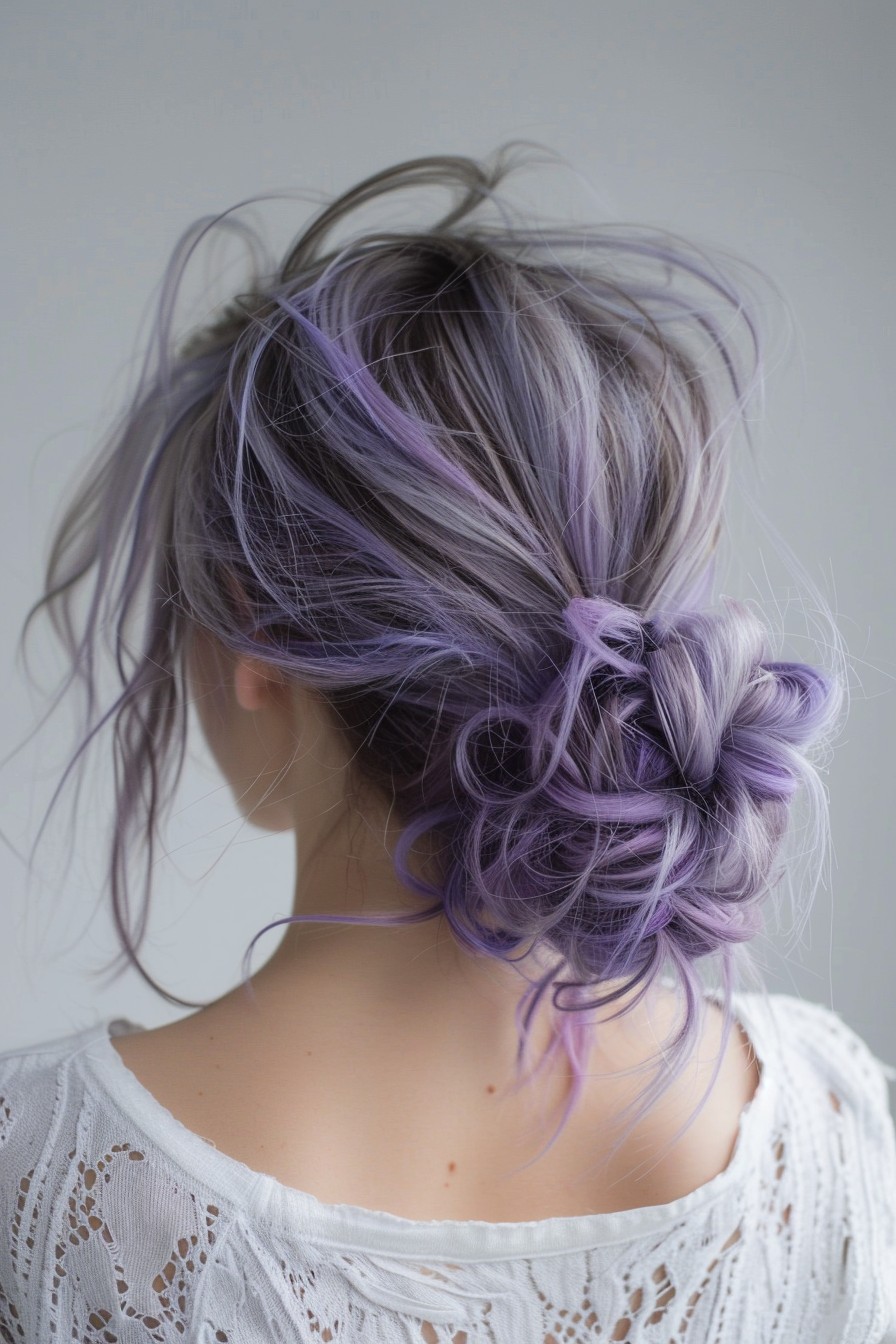 Messy Bun with Lavender Highlights