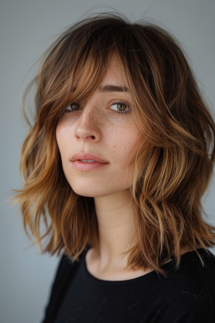 Sunkissed Brunette Bob with Light Chestnut Highlights