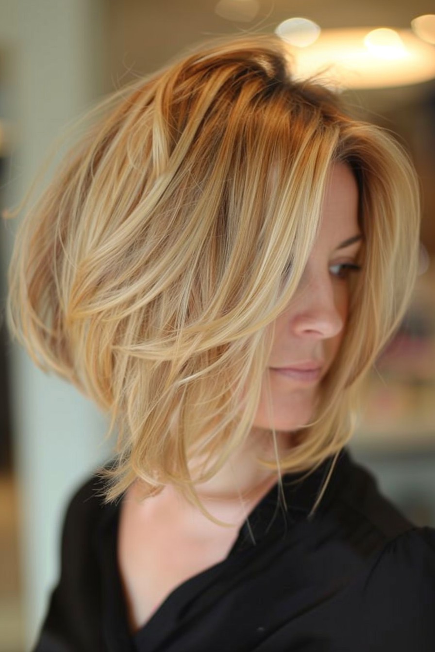 Contemporary Angle Honey Blonde A-Line Bob