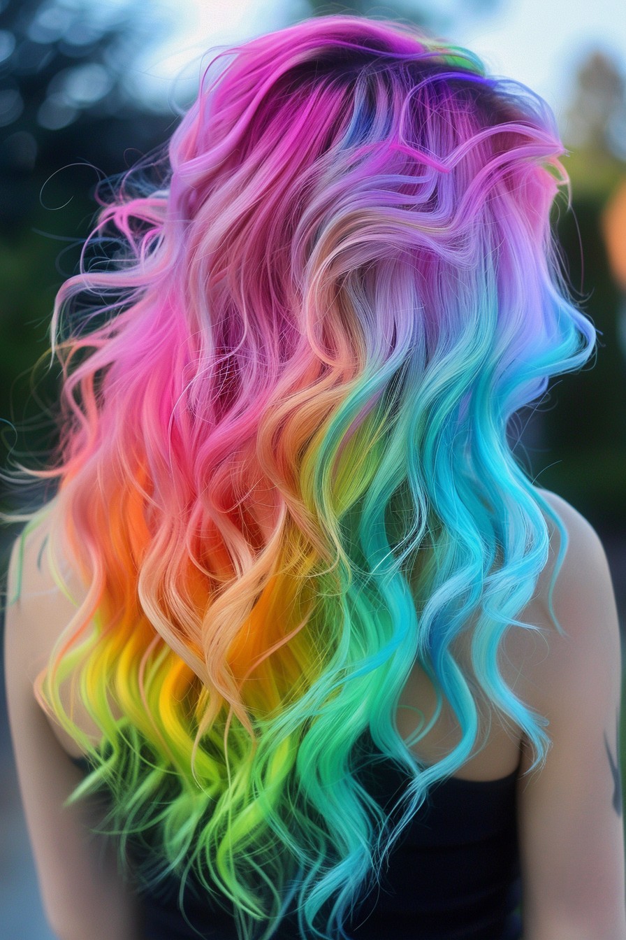 Vibrant Rainbow Hair Dye in Soft Waves