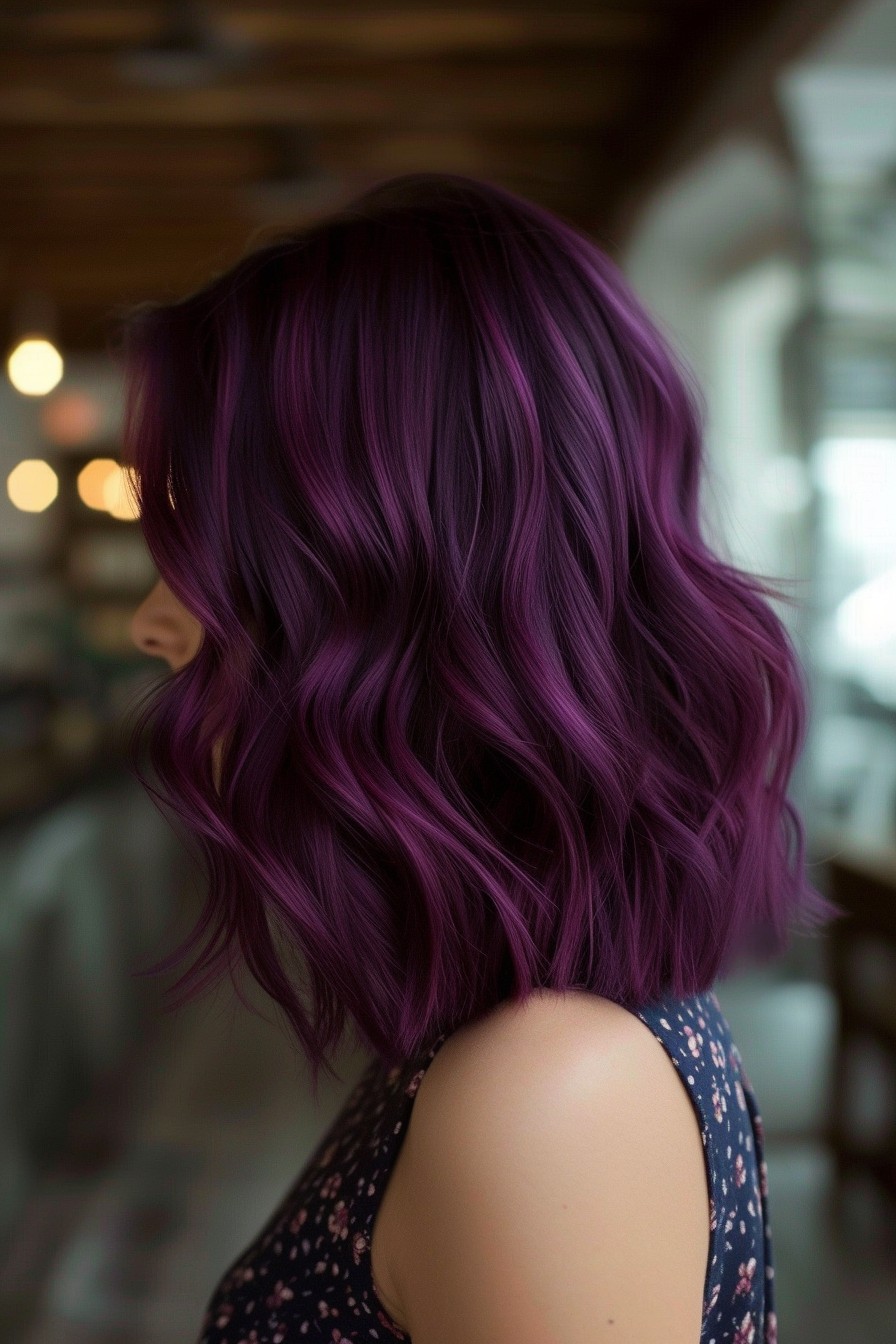 Shoulder-Length Wavy Hair in Rich Midnight Purple