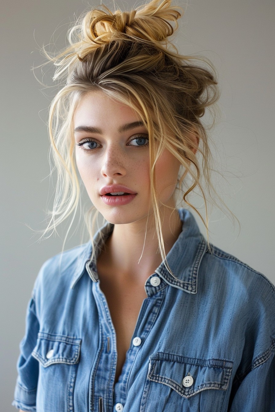 Honey Blonde Messy Bun with Face-Framing Strands