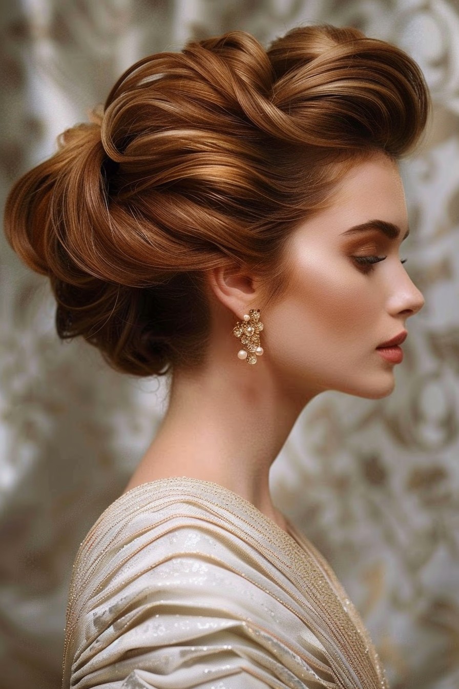 Elegant Sunkissed Brunette Updo with Caramel Streaks