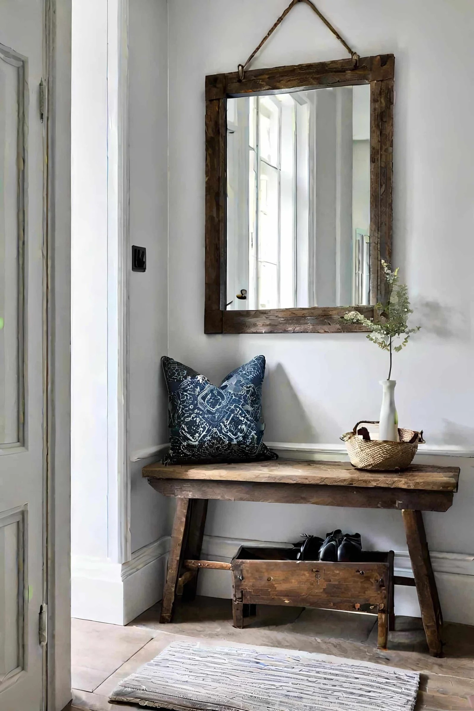 Small Hallway With Vintage Mirror And Rustic Bench