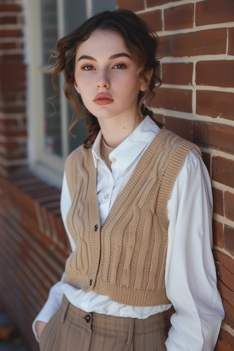 Preppy Sweater Vest With A Collared Shirt And Trousers