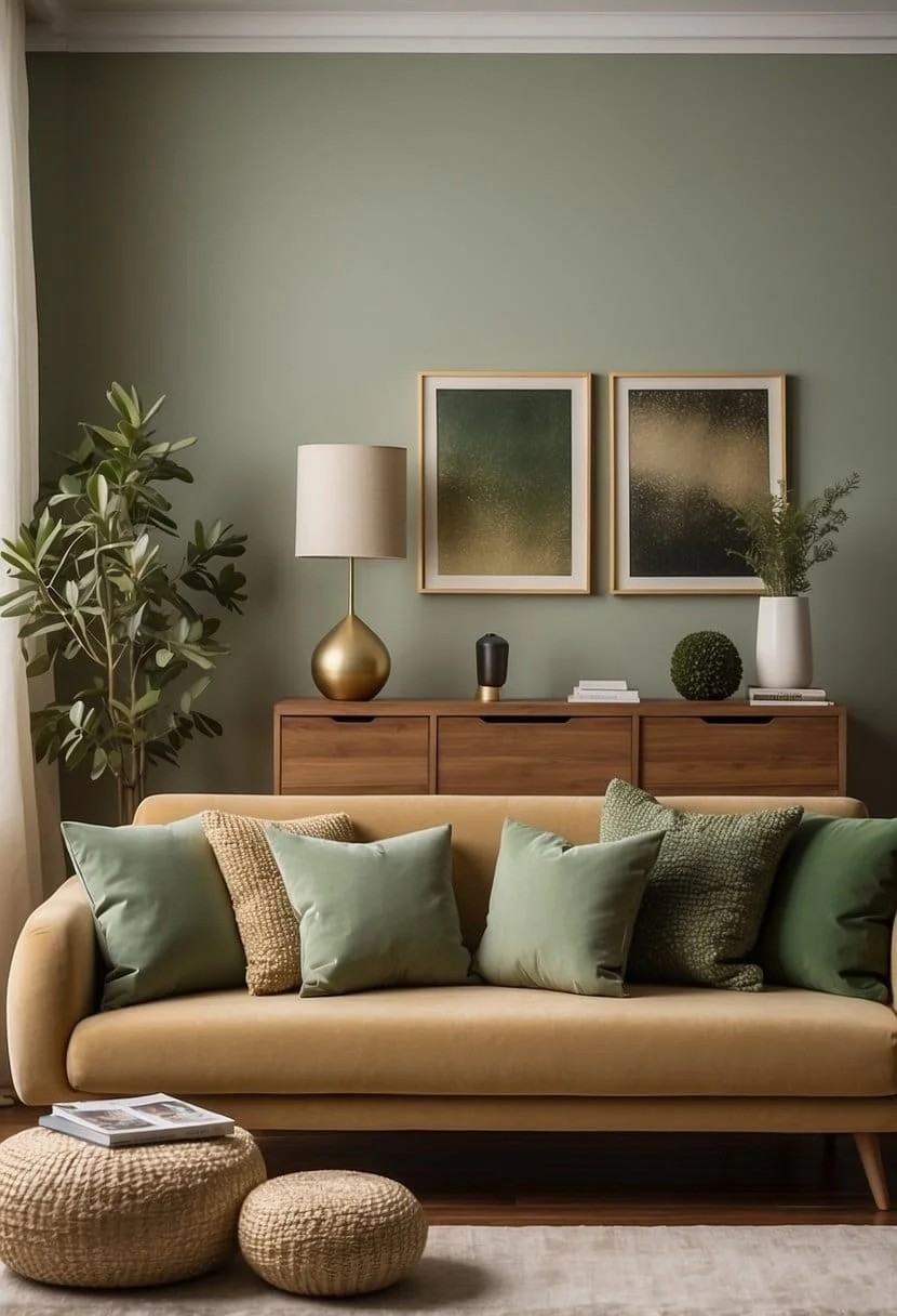 Sage Green Throw Pillows and Gold Frames