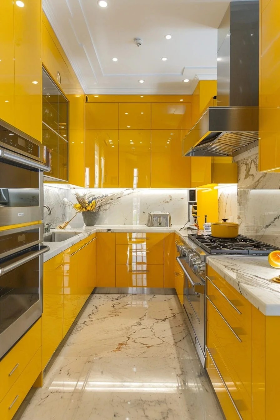 Sleek Yellow with Marble Countertops