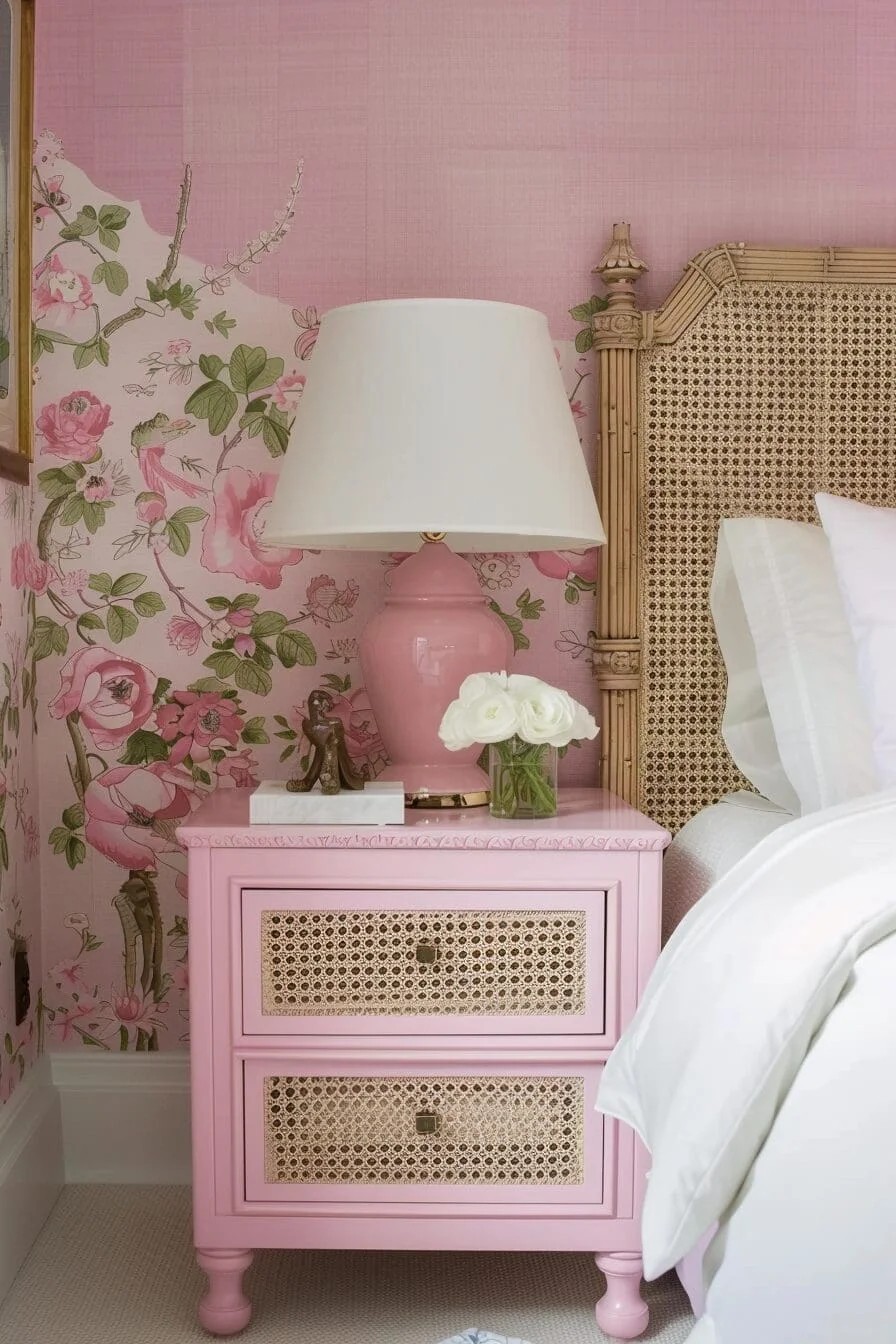 Pink Rattan Nightstand