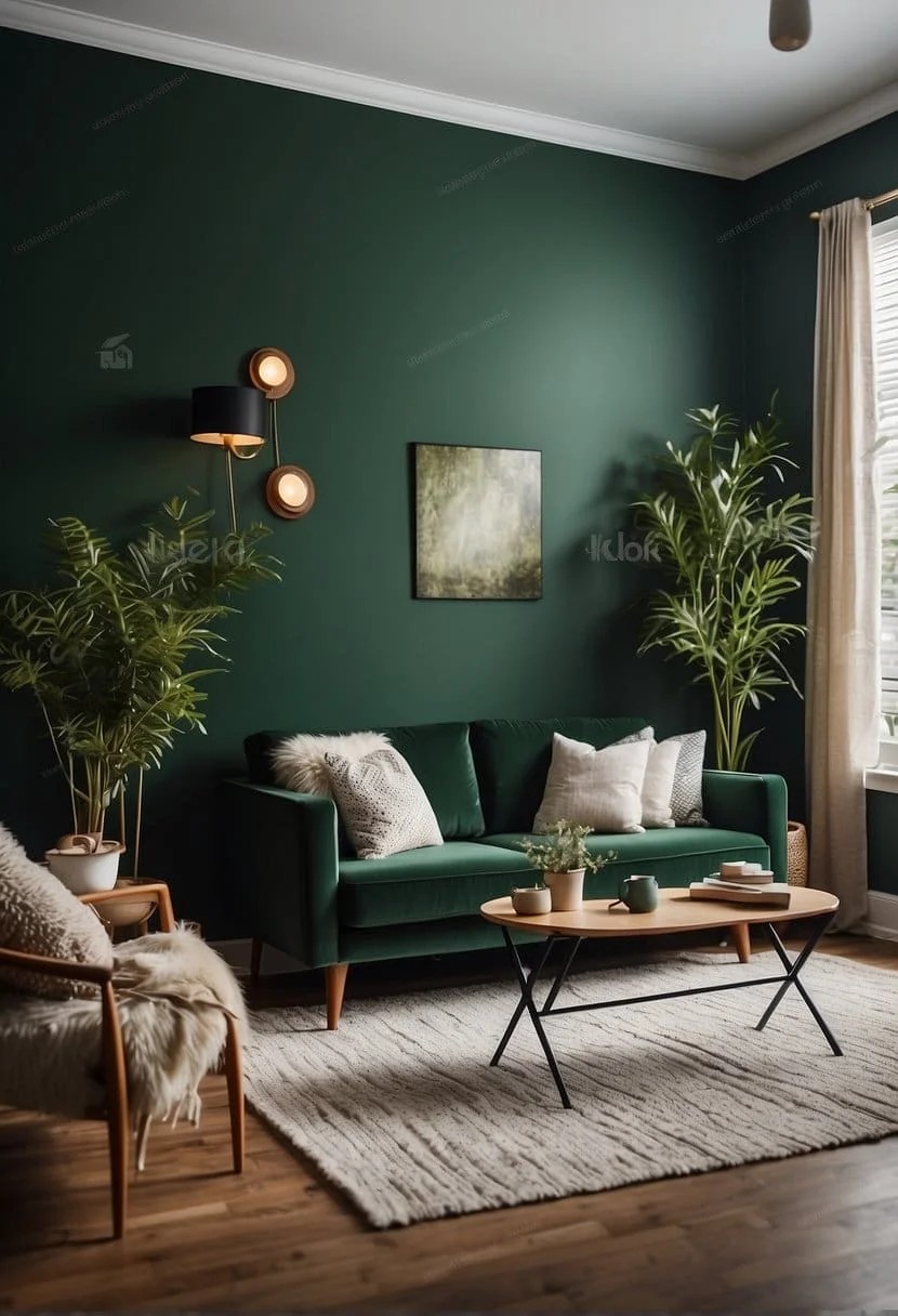 Forest Green Accent Wall In A Living Room