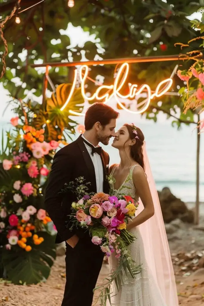 A Summer Wedding with Neon Signs for A Modern Touch