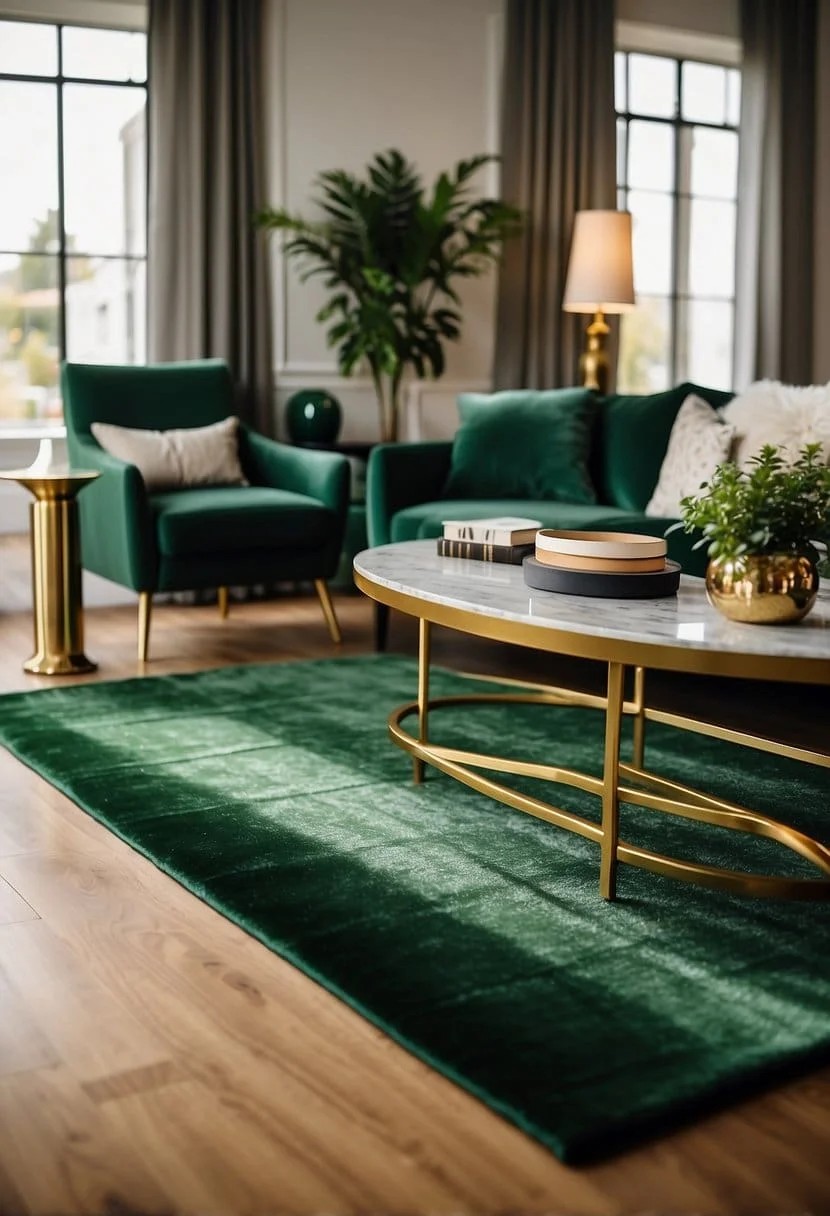 Hunter Green Rug and Gold Coffee Table