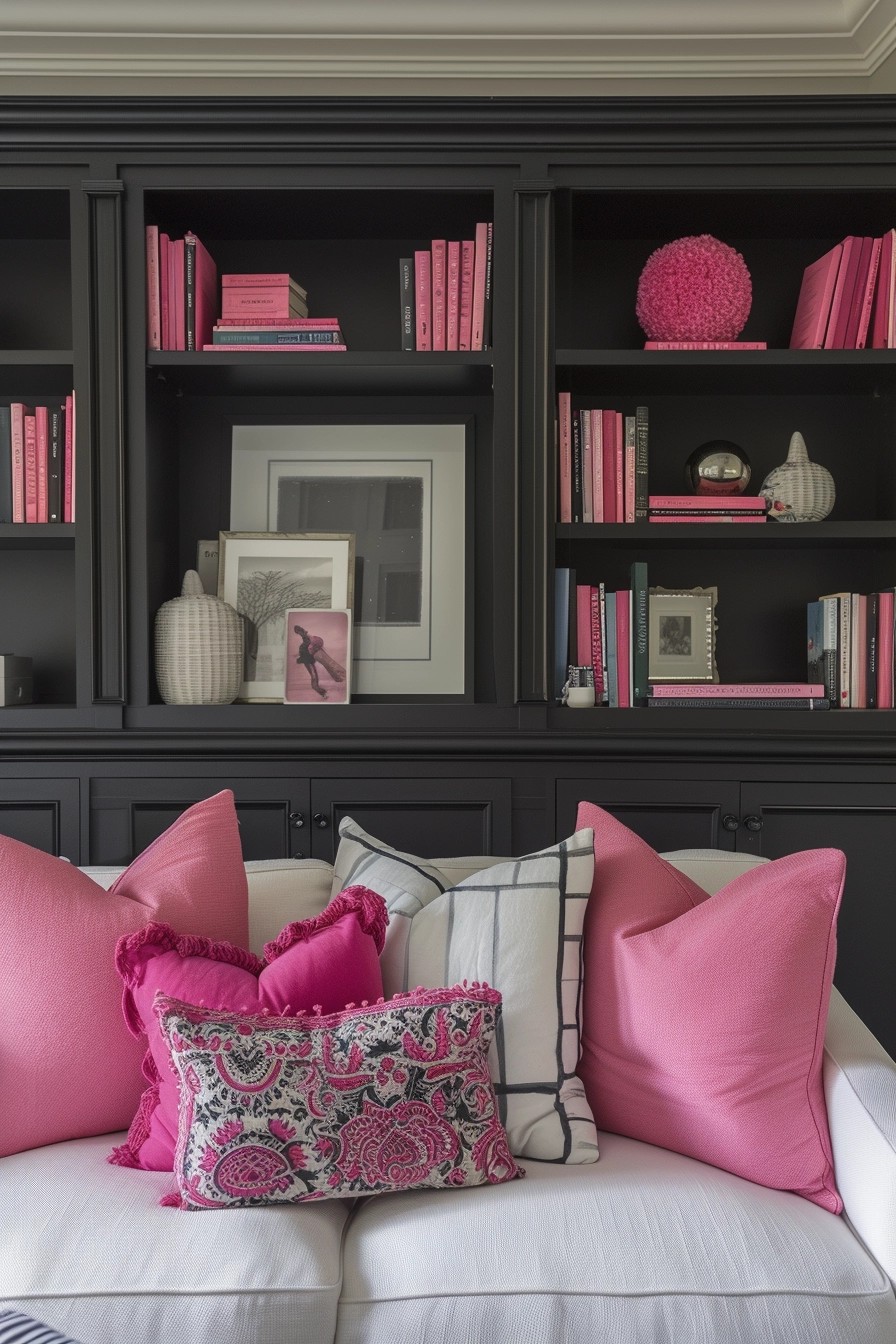 Contemporary Black Shelving With Pink Accessories