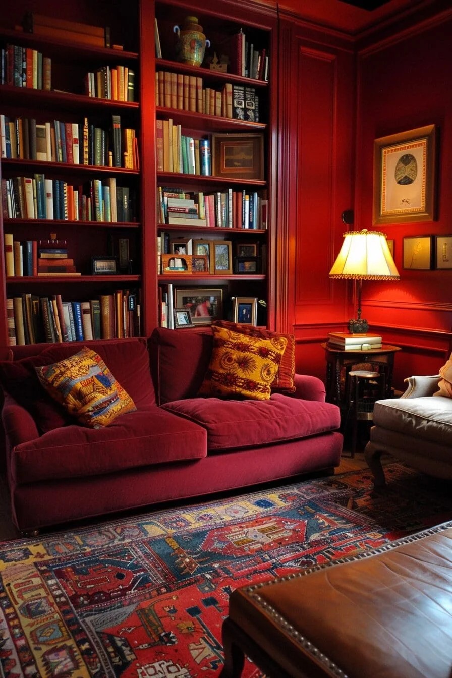 Deep Red Painted Bookshelves