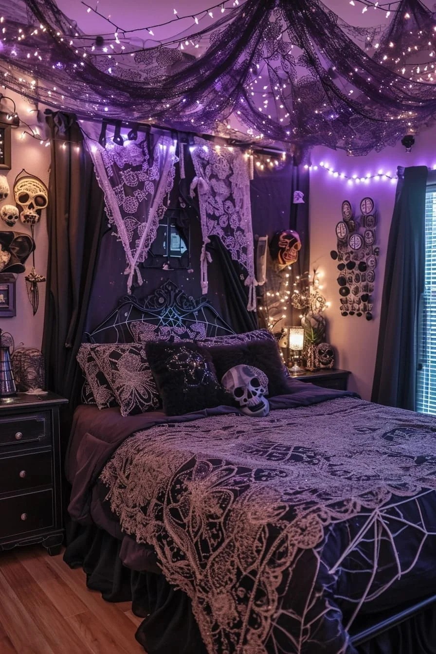 A Halloween Bedroom with Crystal Skulls