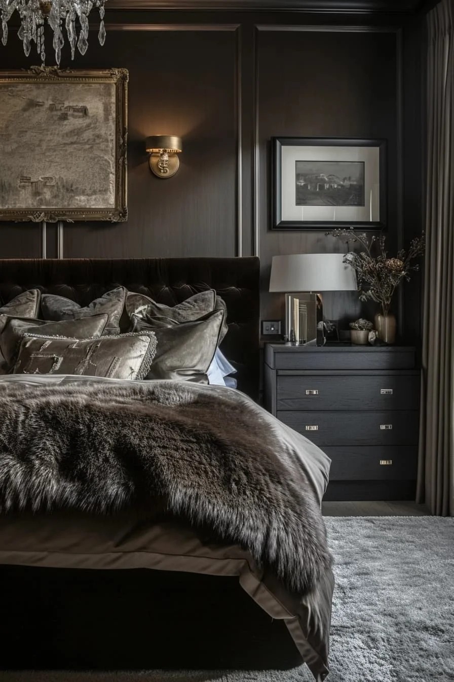 Luxe Brown Bedroom with Velvet Accents and Designer Touches