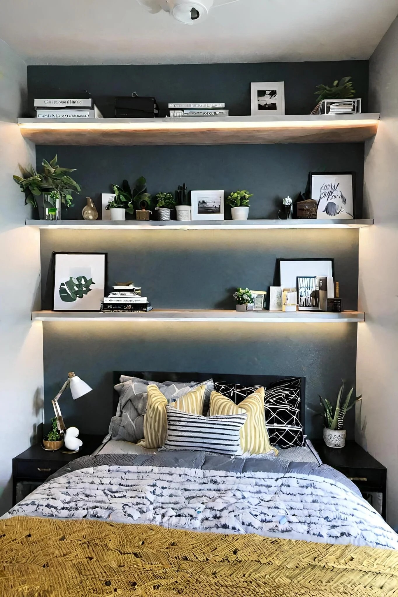 Small Bedroom With Shared Workstation And Floating Shelves