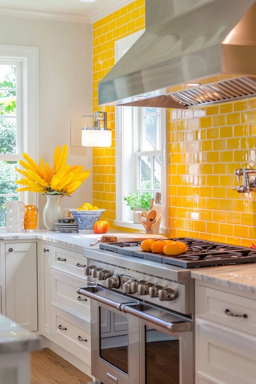 Yellow and White Penny Tile Backsplash