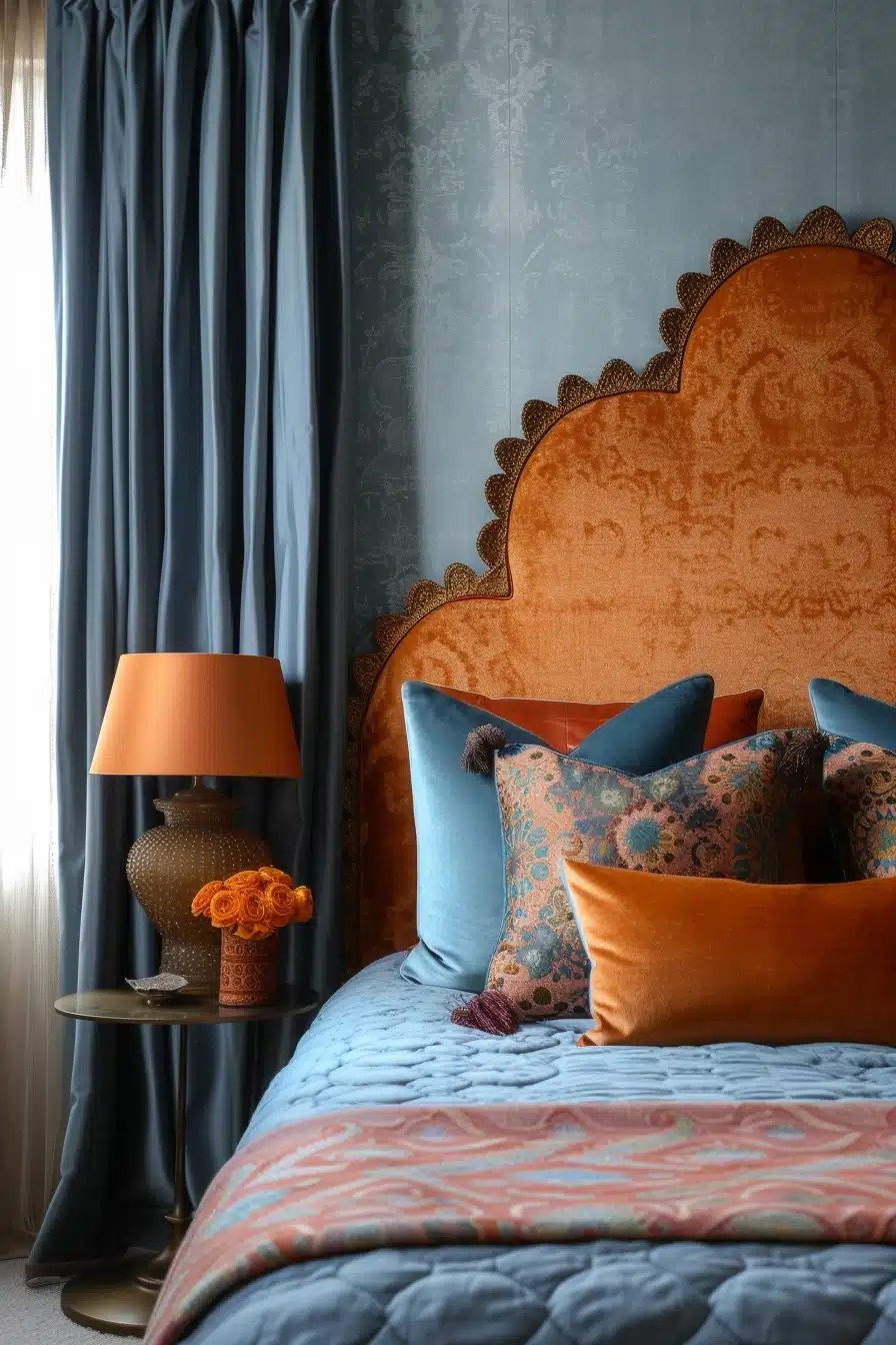 Textural Blue and Orange Bedroom