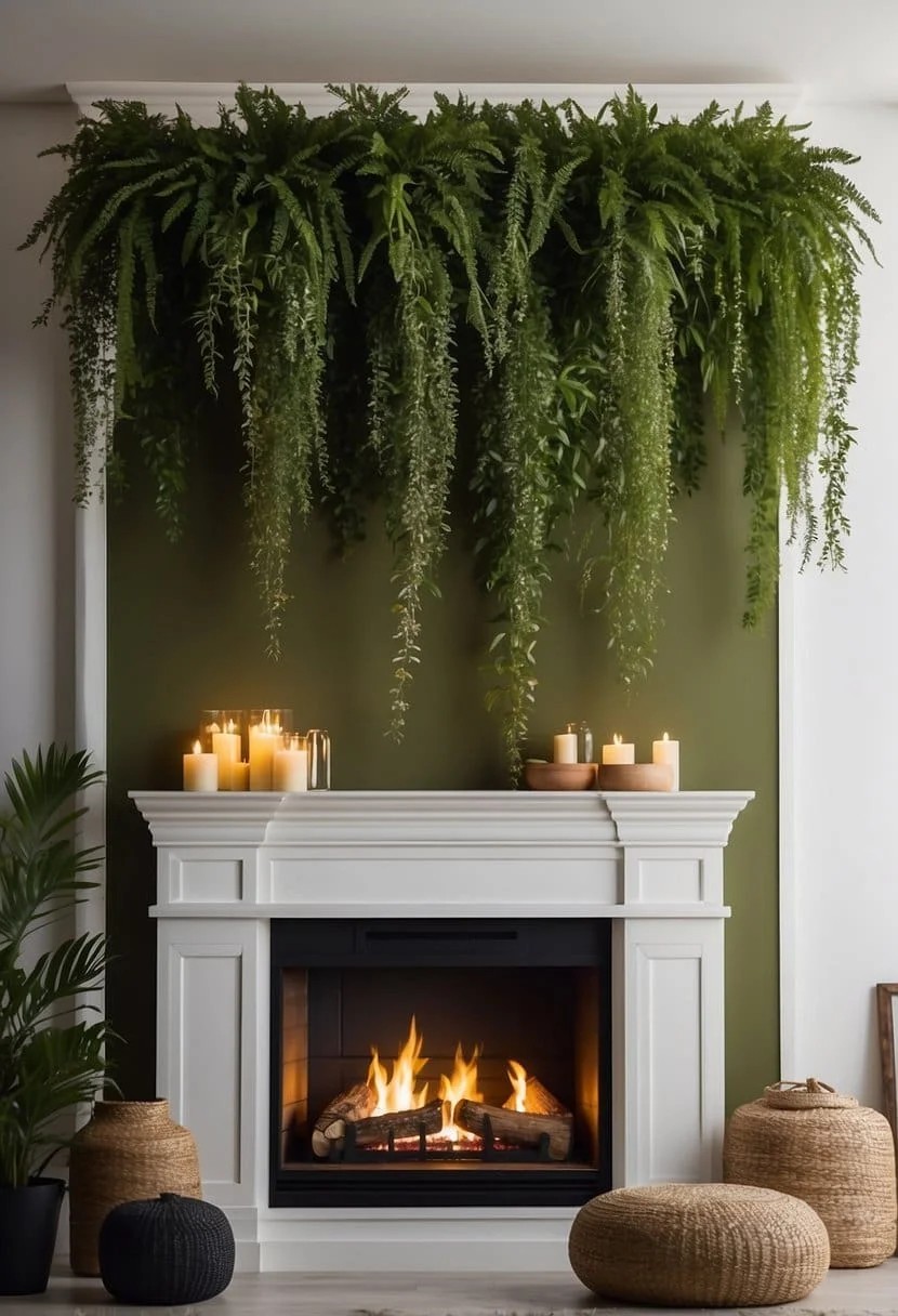 Hanging Plants Cascading Around Fireplace With Accent Wall