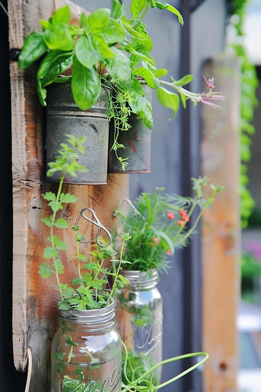 Attach mason jars or tin cans to a wooden board or frame to create a vertical planter for herbs, flowers, or succulents.