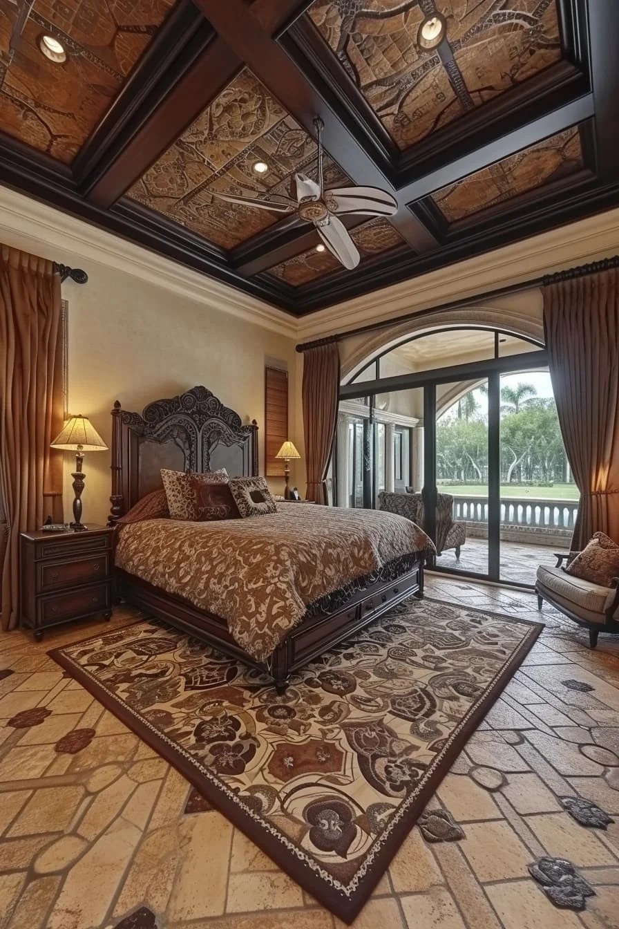 Mediterranean Master Bedroom with Tiled Tray Ceiling