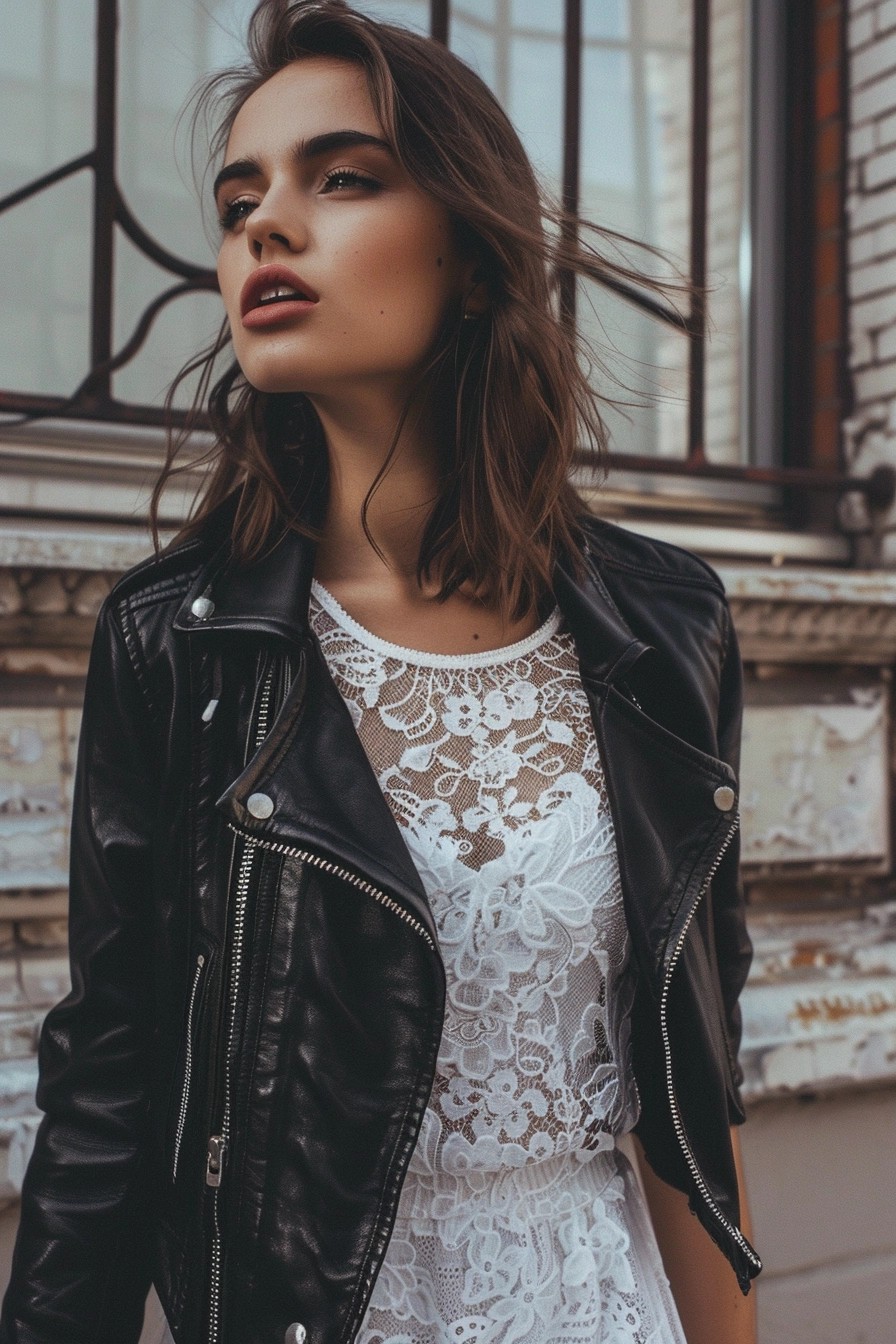 Lace Dress and Leather Jacket