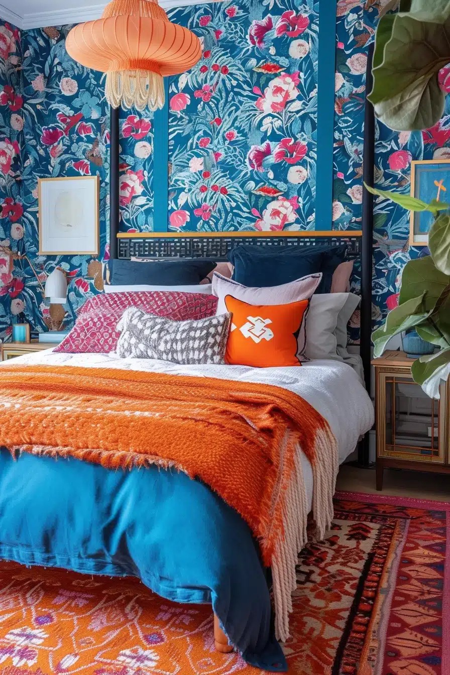 Maximalist Blue and Orange Bedroom