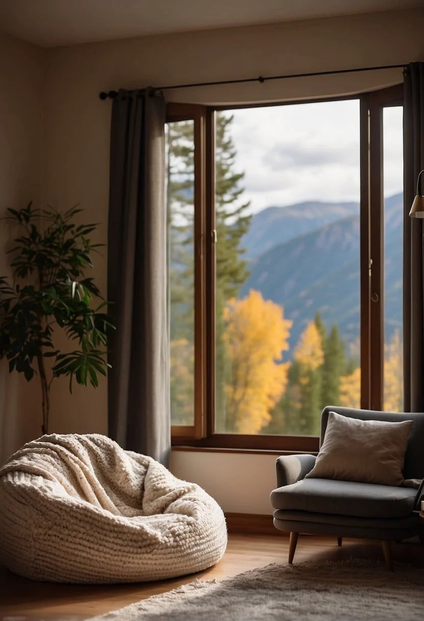 Bean Bag Near a Window with A View, Side Table, and Blanket