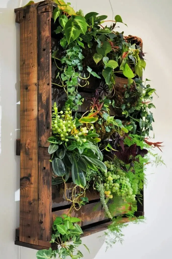 Grow a vertical garden in a wooden crate or box by attaching it to the wall and filling it with soil and plants.