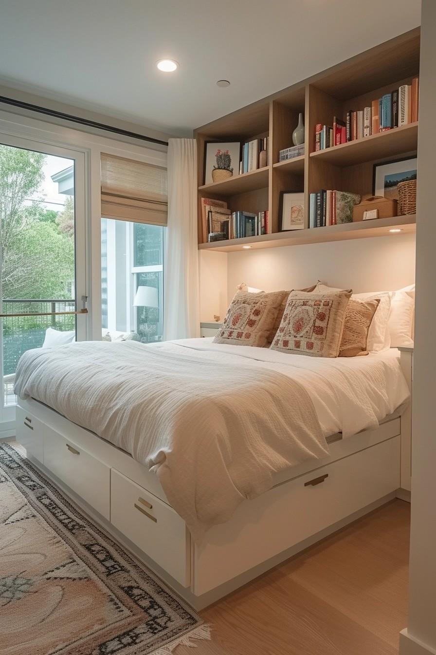 Bed with Built-In Storage and Shelves